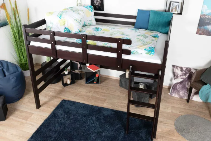 Loft bed 140 x 200 cm "Easy Premium Line" K23/n, solid beech wood chocolate brown lacquered, divisible