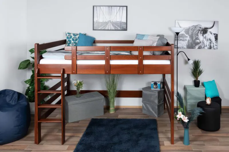 Loft bed 160 x 200 cm "Easy Premium Line" K23/n, solid beech wood dark brown lacquered, divisible