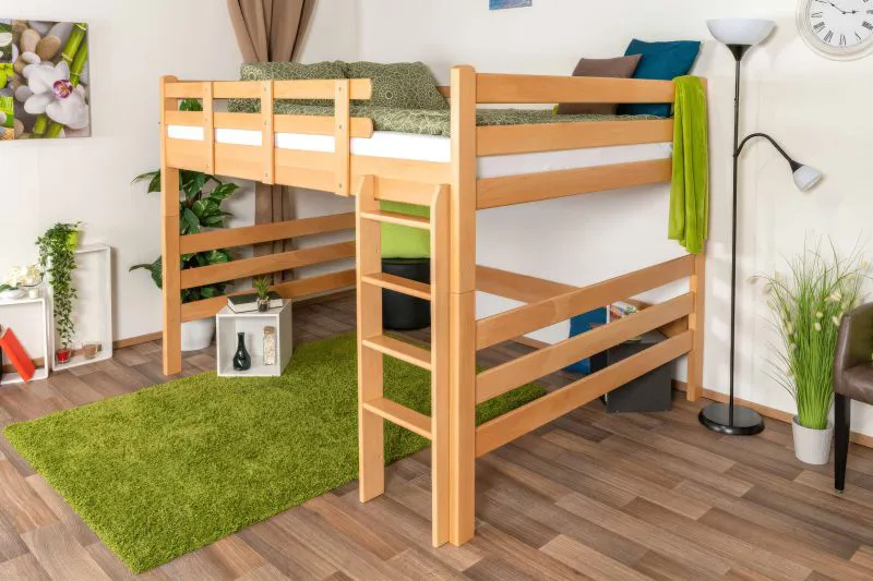 Loft bed 160 x 200 cm for adults "Easy Premium Line" K23/n, solid beech wood natural lacquered, divisible