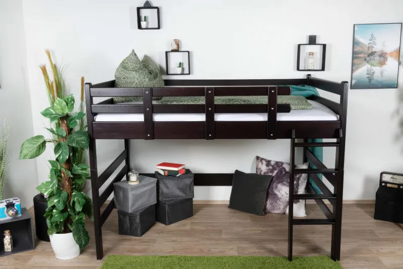 Loft bed 160 x 200 cm "Easy Premium Line" K23/n, solid beech wood chocolate brown lacquered, divisible