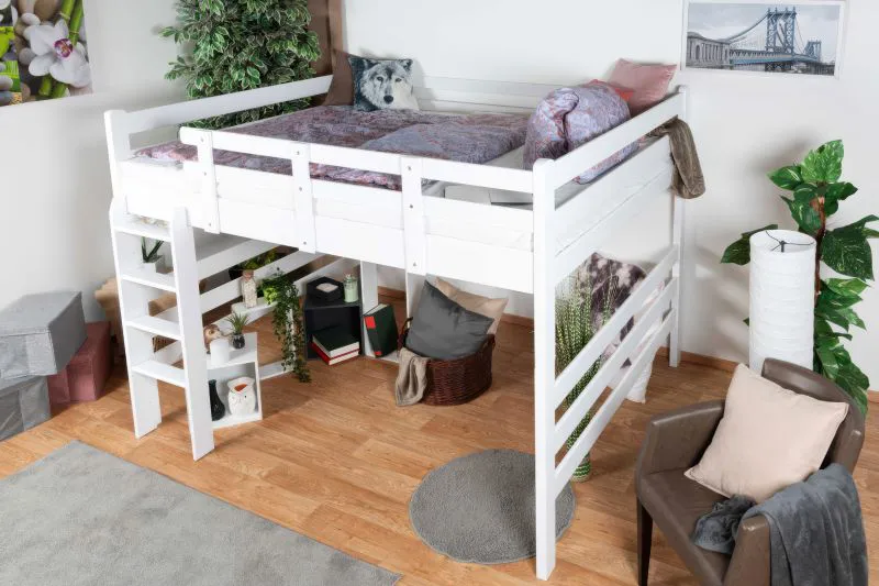 Loft bed 160 x 200 cm "Easy Premium Line" K23/n, solid beech wood white lacquered, divisible