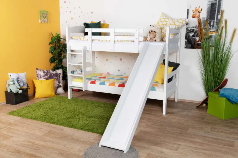 White Bunk Bed with Slide 90 x 200 cm | Solid Beech Wood | Converts to Two Single Beds | Easy Premium Line K25/n