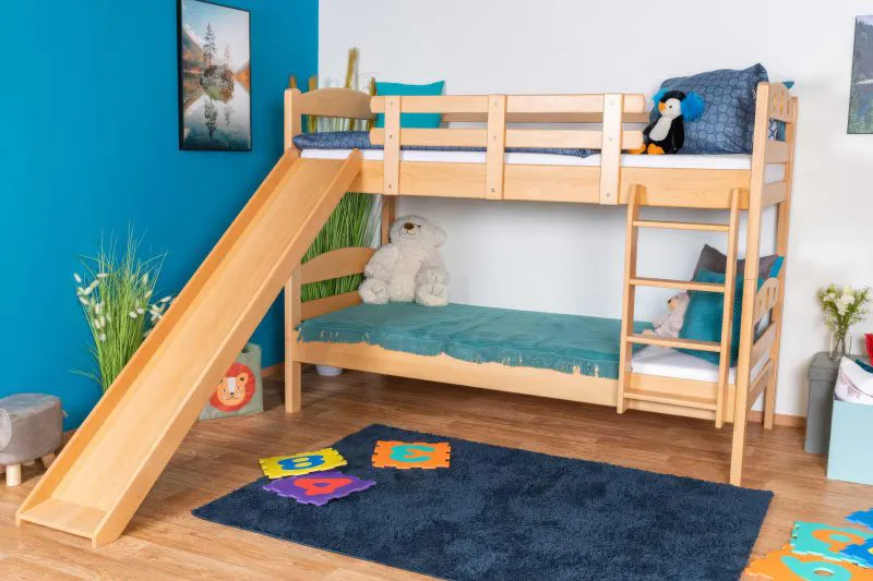 Bunk Bed with Slide 90 x 190 cm | Solid Beech Wood Natural Lacquered | Converts to Two Single Beds | Easy Premium Line K26/n