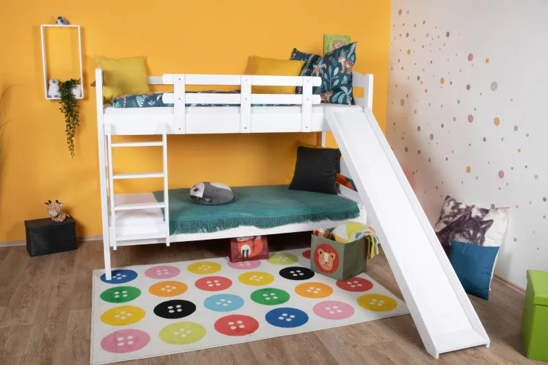 White Bunk Bed with Slide 80 x 190 cm | Solid Beech Wood | Divides into Two Single Beds | Easy Premium Line K26/n