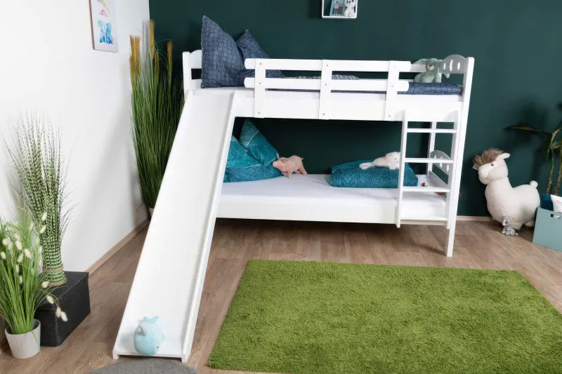 White Bunk Bed with Slide 80 x 200 cm | Solid Beech Wood | Converts to Two Single Beds | Easy Premium Line K26/n