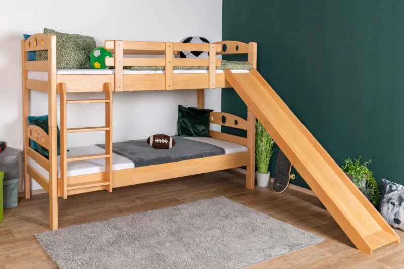Bunk Bed with Slide 80 x 200 cm | Solid Beech Wood, Natural Lacquer | Convertible to Two Single Beds | Easy Premium Line K27/n