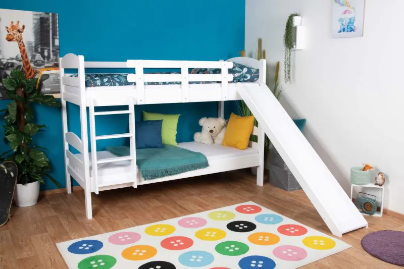 White Bunk Bed with Slide 90 x 200 cm | Solid Beech Wood | Converts to 2 Single Beds | Easy Premium Line K29/n