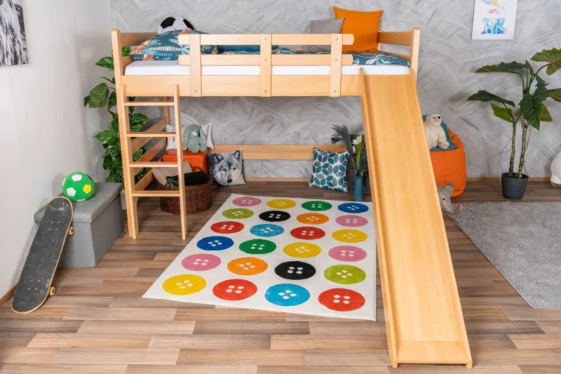 Large Loft Bed with Slide 160 x 200 cm | Solid Beech Wood | Natural Lacquer | Convertible to Single Bed | Easy Premium Line K31/n