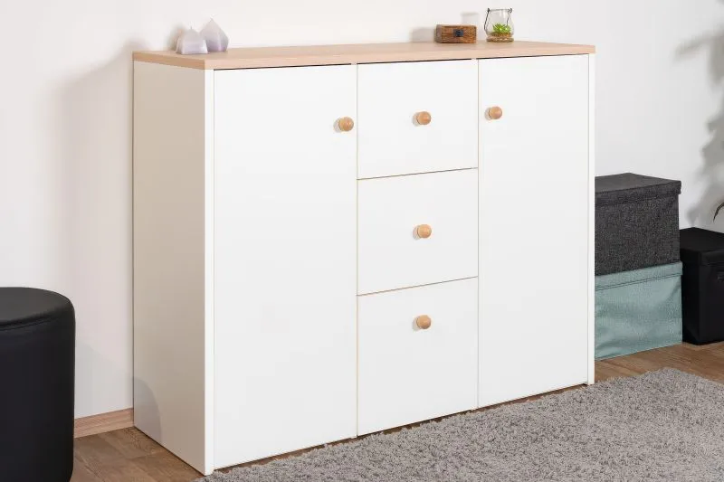 Children's Chest of Drawers Egvad 09 | White / Beech | 95 x 120 x 40 cm | 2 Doors, 3 Drawers, 6 Compartments