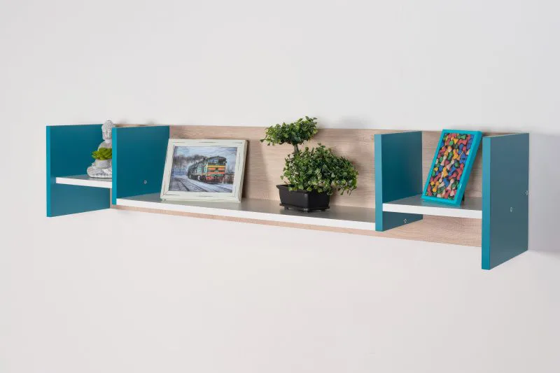 Children's Wall Shelf Aalst 27 | Oak/White/Blue | 25 x 125 x 24 cm | Modern Suspended Rack for Kids' Room