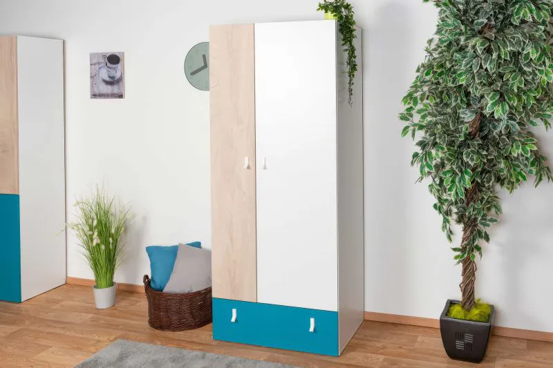 Children's Wardrobe Aalst 17 | Oak/White/Blue | 190 x 80 x 50 cm | Modern Hinged Door Closet