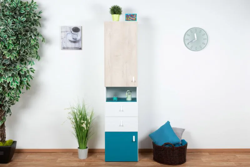 Children's Wardrobe Aalst 18 | Oak / White / Blue | 190 x 45 x 40 cm | Modern Storage for Kids' Rooms
