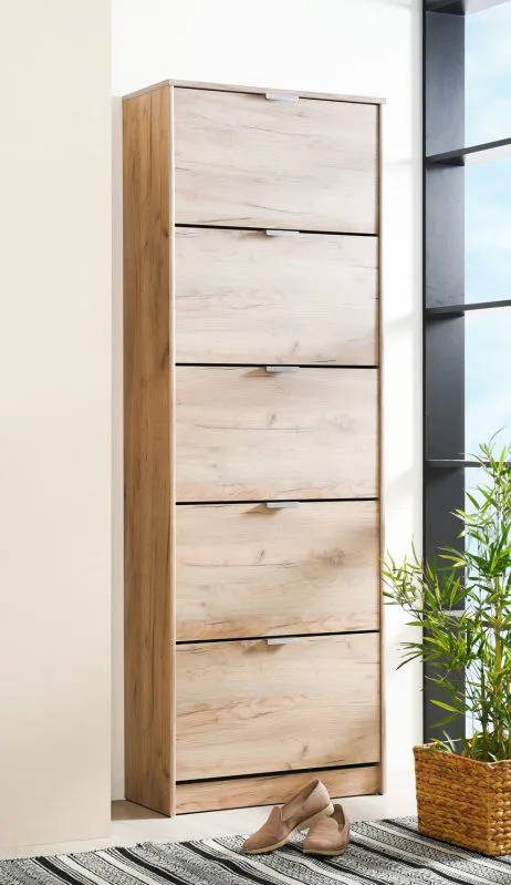 Narrow Shoe Cabinet Gradide 06 Design | Oak Grey | 5 Hinged Doors | 10 Compartments | 191.5 x 67 x 28 cm