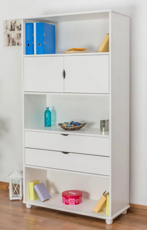 White Lacquered Solid Pine Shelf Junco 46A | 2 Drawers, 2 Doors, 3 Compartments | 195 x 100 x 42 cm