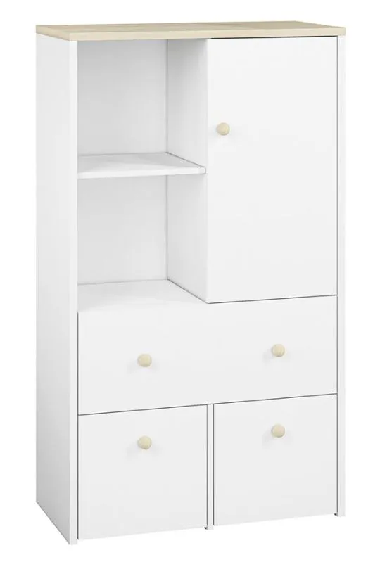 Children's room - Chest of drawers Egvad 08, Colour: White / Beech - Measurements: 141 x 82 x 40 cm (h x w x d), with 1 door, 3 drawers and 4 compartments