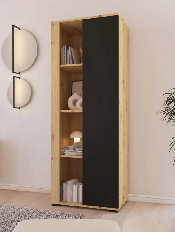 Bookcase | Color: Oak Artisan / Black | Legs: Metal | 1 door | Dimensions: 60 x 40 x 162 cm | 8 compartments | Door hinges can be changed | Push-to-open function