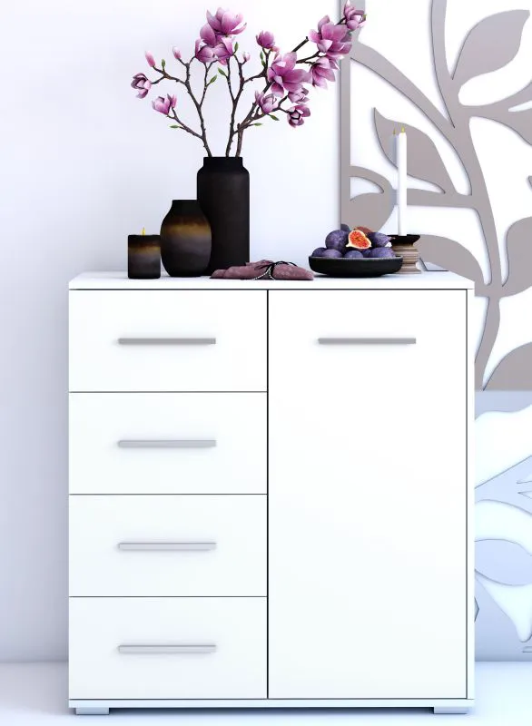 Chest of Drawers | White | Comarca 02 | 96 x 90 x 45 cm | 1 Door | 4 Drawers | 3 Compartments | Silver Handles