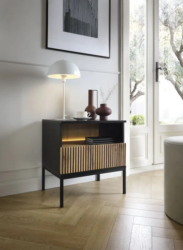 Modern bedside cabinet Chelmsford 01, color: black / oak - Dimensions: 56 x 54 x 39 cm (H x W x D)