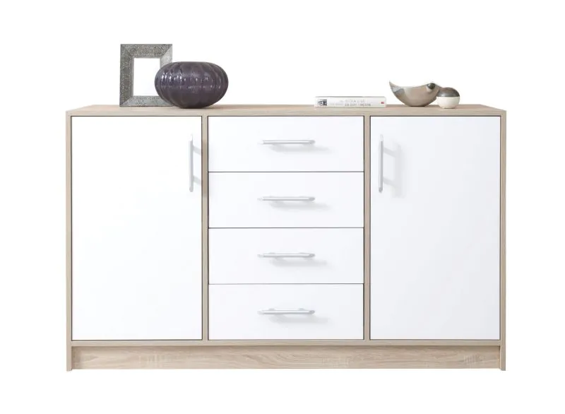 Simple chest of drawers Hannut 14, color: white / oak - Dimensions: 84 x 140 x 40 cm (H x W x D)