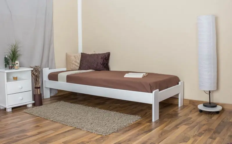 Solid bed with low foot end bed A8, solid pine wood, white finish, incl. slatted frame - 80 x 200 cm 