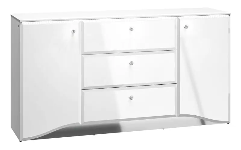 Chest of drawers Sydfalster 02, Colour: White / White high gloss - Measurements: 85 x 160 x 41 cm (H x W x D), with 2 doors, 3 drawers and 4 compartments