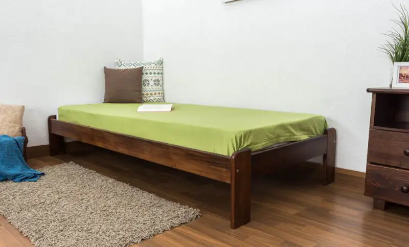 Low foot end bed A8, solid pine wood, nut finish, incl. slatted frame - 90 x 200 cm 