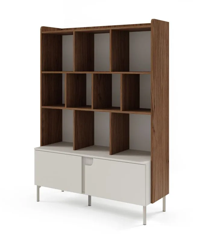 Shelf | color: cashmere / Alba walnut | bookcase | 1 revolving door | 1 drawer | 10 compartments | 113 x 42 x 160 cm | push-to-open function