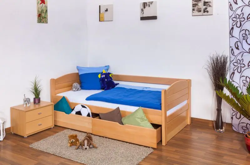 Children's bed / kid bed "Easy Premium Line" K1/s Full incl 2 drawers and 2 cover panels, 90 x 200 cm beech solid wood nature