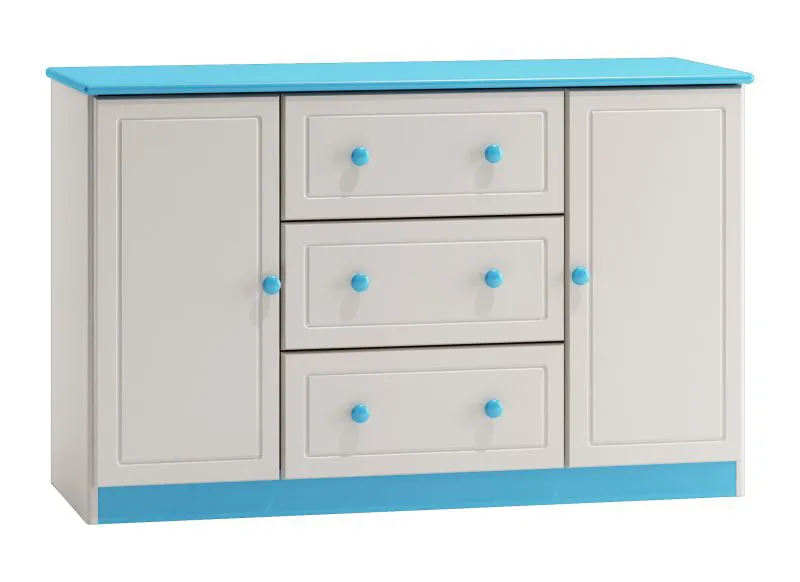 Chest of Drawers Solid Pine Wood | White & Blue Lacquered | 3 Drawers, 4 Compartments | 78 x 115 x 47 cm