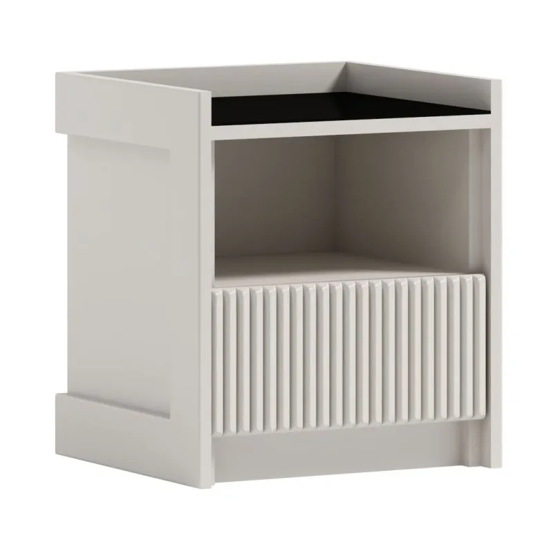 Bedside Chest of Drawers with Grooved Front | 1 Drawer & 1 Compartment | 51 x 45 x 40 cm | Cashmere | Anti-Slip Glass Top | Soft Close & Push-to-Open