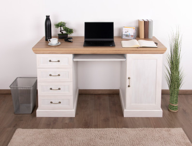 Badile 17 Desk | Pine White/Brown | Country Style | 80 x 147 x 55 cm | 4 Drawers, 1 Door, Keyboard Drawer
